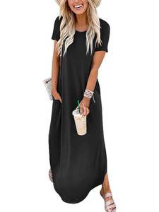 lot 7605 image: ANRABESS Womens Summer Maxi Dress Short Sleeve Casual Loose Long T Shirt Dresses Split Vacation Beach Sundress Travel Outfits Black Large