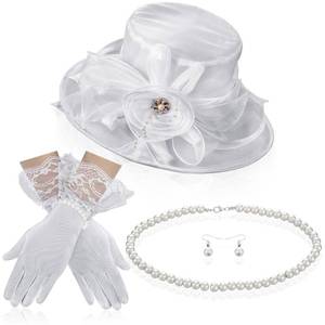 lot 7610 image: Aurelema 5 Pcs Derby Fascinator Hat Gloves Set for Women Tea Party with Pearl Necklace Bracelet and Earring(White,Lace)