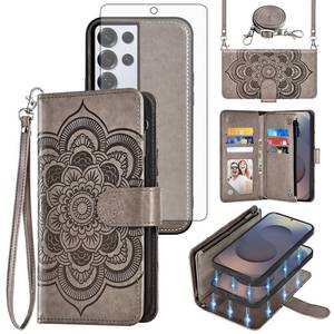 lot 7618 image: Phone Case for Samsung Galaxy S25 Ultra 5G Zipper Wallet Cell Cover with Tempered Glass Screen Protector Crossbody Lanyard Strap Flower Card Holder S25Ultra 25S S 25 25Ultra 6.9 2025 Women Girls Gray