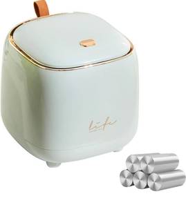 lot 7639 image: Mini Countertop Trash Can with 5 Rolls of Trash Bags, Waste Can with Press Type Lid, 0.5 Gallon1.5 Liter Wastebasket Trash Can Dispenser, Mini Bin for Bathroom Vanity,Coffee Table (White)