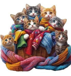 lot 7640 image: Wooden Puzzles for Adults - Colorful Fabric Cat Wooden Puzzle - Unique Shapes Wooden Jigsaw Puzzles for Adults - Eco-Friendly Home Office Decor (11.4  10.9in - 200 Pieces)