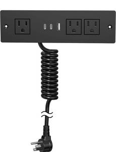 lot 7642 image: (227)Furniture Drawer Outlet, Recessed Power Strip with (3) PD 20W USB Ports Fast Charging & (3) 15 Amp AC Outlets, (14 AWG) 5 FT Spring Black Cord
