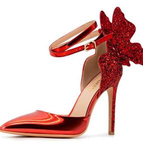 lot 7646 image: FINDVELL Gold High Heels Butterfly Back Sexy Stiletto Pumps Closed Toe Sparkly Ankle Strap Heels Sandals Dress Shoes for Women 9.5