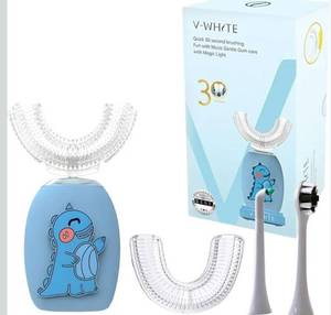 lot 7648 image: V-WHITE Kids Auto Brush Ultrasonic U-Shaped Toothbrush 360° Teeth Cleaning, Hands-Free Electric Autobrush for Kids Gum Protection, Waterproof IPX7, Wireless Charging (Blue)