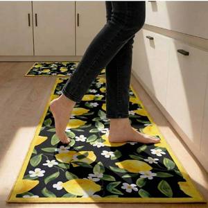 lot 7652 image: Sliner Black 2 Pcs Lemon Kitchen Mats Lemon Kitchen Rugs for Floor Washable Soft Non Slip Carpet for Bathroom Sink Laundry Decor, 17 x 30  17 x 47