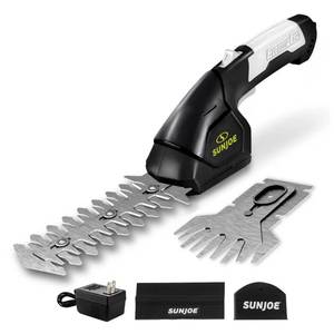 lot 7665 image: Sun Joe 2 in 1 Cordless 7.2V Handheld 4 Grass Shear and 6 Hedge Trimmer, Battery Powered, Built-in Safety Switch and Blade Safety Cover