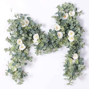 lot 7670 image: PARTY JOY 6.56ft Eucalyptus Garland with Flowers-8 White Roses, Artificial Fake Flowers Greenery Garland Floral Vines for Decoration Party Wedding Table Indoor Outdoor Backdrop Wall Decor(White)