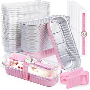 lot 7692 image: ZOXILEN Mini Loaf Pans with Lids and Spoons Aluminum Foil, Disposable 6.8oz Rectangle Mini Cake Pans with Lids, Small Cake Tins Foil Bread Pan for Christmas Halloween Party Gold (30, Pink)
