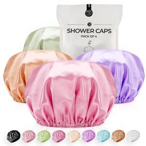 lot 74 image: Shower Cap, Reusable Extra Large Satin Double Layer EVA Waterproof 4 Pack