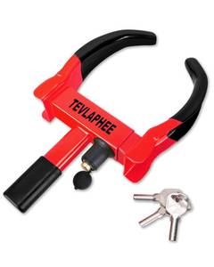 lot 8327 image: Tevlaphee Universal Wheel Lock Heavy Duty Security Trailer Wheel Lock Anti Theft Wheel Locks for Cars SUV Camper Motorcycle Trailer Great Deterrent Bright Color with 3 Keys (Black-red)