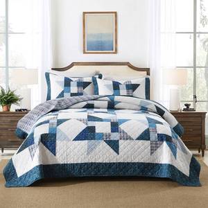lot 8337 image: camandy Cotton Quilt Bedding Sets 3 Pieces Soft Reversible Coverlets Luxury Star Real Patchwork Bedspread, Blue White, King Size