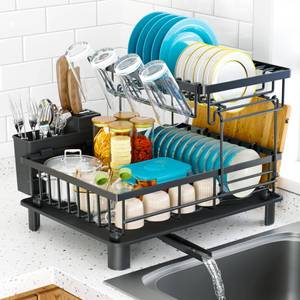 lot 8338 image: IMXSUMDA Dish Drying Rack, 2 Tier Dish Racks for Kitchen Counter, Compact Drying Rack Kitchen, Rust-Resistant Dish Drainer, Detachable Space-Saving Dish Rack with Drainboard, Utensil Holder, Black