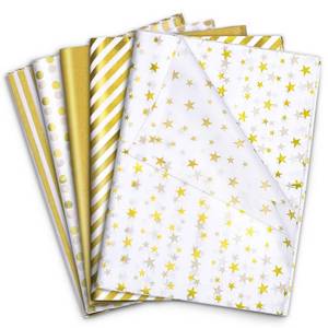 lot 8359 image: 120 Sheets Gold Tissue Paper for Gift Bags 20 x 14 Inch Metallic Gold White Tissue Paper with Dots Stripes for Cheer Bags Fathers Day DIY Crafts Wedding Anniversary Decorations