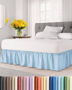 lot 8367 image: Wrap Around Dust Ruffle Bed Skirt - Light Blue - for Queen Size Beds with 15 Inch Drop - Elastic Strap - Adjustable Pleated Bedskirt with Brushed Fabric and Wrinkle Free - For Women, Men, Kids & Teens