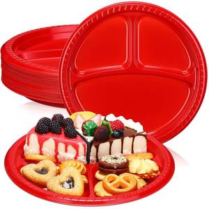 lot 8385 image: Teenyyou 50 Pcs 10 Inch Plastic 3 Compartment Divided Plates Heavy Disposable Plates Duty Round Dinner Plates with Dividers for Wedding Birthday Party Dinnerware(Red)
