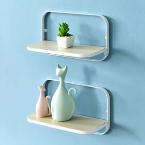 lot 8417 image: WELLAND Arlington Floating Shelves Set of 2  Folding Display Wall Shelves  Walnut Grain Wooden Board & Metal Frame  12 W x 5 D x 7 H  White (Upgraded)