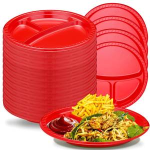 lot 8424 image: Umigy 100 Pcs 10 Inch 3 Compartments Divided Plastic Plates Bulk Colorful Disposable Heavy Duty Round Dinnerware for Valentine Wedding Birthday Party(Red)