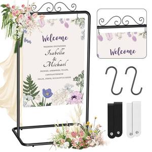 lot 8425 image: Qtyhod 69 Tall Wedding Welcome Sign Stand, Heavy Duty Adjustable Metal Sign Holder with Leather Straps for Wedding & Event Decor