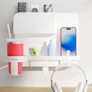 lot 8447 image: WallShelfie Bedside Wall Organizer & Dorm Decor - Dorm Room Essential, Floating Bedside Shelf Wall Mount Organizer, Remote Control Holder, Cool Teen Girls Trendy Stuff, Room Organization (White)