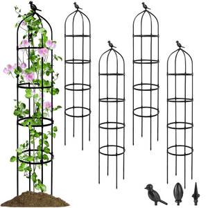 lot 8453 image: SORANGEUN 4 Pack Garden Obelisk Trellis for Climbing Plants Outdoor, 6FT Adjustable Metal Plant Support with 3 Decorative Tops, Black Rustproof Trellis for Roses, Tomatoes, Clematis & Vines