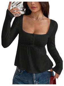 lot 8471 image: SOLY HUX Womens Babydoll Tops Long Sleeve Henley Shirts Cute Square Neck Coquette Peplum Top Solid Black Large