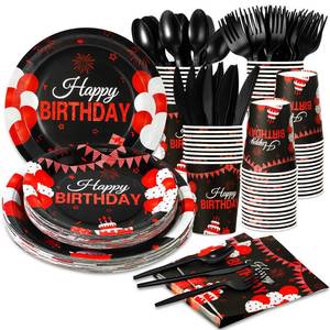 lot 8474 image: 168 Pcs Black and Red Birthday Party Supplies Tableware Set Happy Birthday Plates, Knife,Forks,Spoons, Cups and Napkins Table Decorations for Women Girls Birthday Party Decorations, 24 Guests