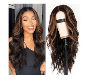 lot 8519 image: AISI HAIR Dark Brown with Highlights Wig for Women, Long Wavy Lace Hairline Middle Part Synthetic Heat Resistant Wig for Daily Party-26 Inch