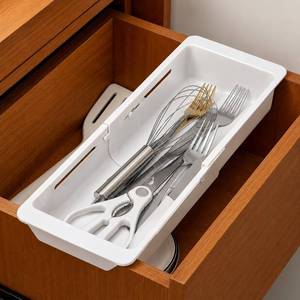lot 8552 image: Kirosy 2-Pack Expandable Drawer Organizer for Deep Drawers, Adjustable 17-27 in Storage Tray, Durable PP Smooth Glide Divider for Kitchen, Vanity &amp Office, Space-Saving Design