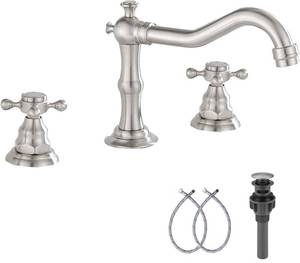 lot 8560 image: GGStudy Two Handles Three Holes Faucet 8-16 inch Widespread Bathroom Sink Faucet Brushed Nickel Basin Tap Mixer Faucet Matching Metal Pop Up Drain