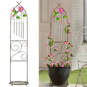 lot 8561 image: Garden Trellis with Plant Stands, 48 Metal Detachable Hummingbird Plant Pot Trellis with Wind Chimes for Climbing Plants Outdoor Lawn Patio Porches Decor