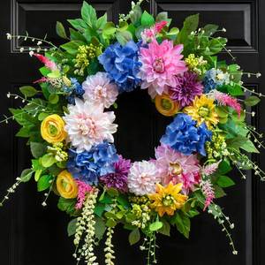 lot 8562 image: Spring and Summer Wreaths for Front Door 24 Inch Summer Wreath with Vibrant Dahlia, Gerbera Daisy & Primula Floral Arrangement - All Seasons Summer & Spring Door Wreath for Outside Decor