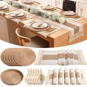 lot 8582 image: Gandeer 6 Sets Boho Decoration Placemats Round Woven Placemats, Cloth Napkins, Wood Bead Napkin Rings, Long Table Runner and Farmhouse Burlap Cotton for Table Kitchen (Khaki,12x72)