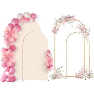 lot 8583 image: SuuWoee Arch Backdrop Stand Set of 2 With Beige Cover (7.2FT6FT),Gold Metal Wedding Arch Balloon Stand With Cover for Birthday Party Baby Shower Graduation Ceremony Decoration