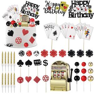 lot 8591 image: Beeveer 42 Pcs Casino Cake Topper Decorations with Candles Poker Game Chips Player Happy Birthday Cake Pick Set for Las Vegas Scene Birthday Party Decoration