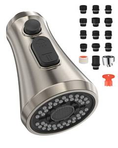 lot 8612 image: Mbillion Universal Brushed Nickel Kitchen Faucet Sprayer Head Replacement, 3 Function ABS Sink Faucet Head, Pull-Down Nozzle with 14 Adapters, Compatible with Moen,Delta,Kohler,WEWE American Standard