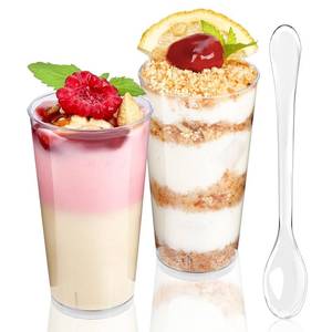 lot 8625 image: TOFLEN 50 Pack 3 oz Round Mini Dessert Cups with Spoons Clear Plastic Dessert Shooter Cups for for Party, Yogurt, Parfait, Cheesecake, Pudding, Jello and Appetizers