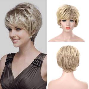 lot 8635 image: Bybrana Hair Short Wigs for Middle Age Women Black Mixed Blonde Pixie Cut Wig with Bangs Natural Heat Resistant Wigs for White Women