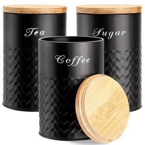 lot 8637 image: Bekith 3 Pack Kitchen Canisters with Bamboo Lids, Airtight Metal Canister Set, Food Storage Containers Jars for Coffee, Sugar, Tea, Flour, Rustic Kitchen Decor Containers, Black