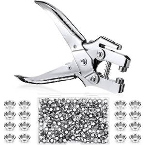 lot 8641 image: Grommet Eyelet Pliers 316 Inch Hole Punch Pliers with 200 Piece Hollow Metal Eyelets Easy Press Portable Handheld Setting Tools for Card Paper Canvas, Silver