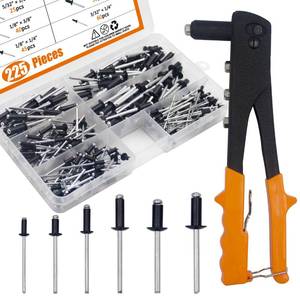 lot 8642 image: ISPINNER 225pcs Black Aluminum Blind Rivets Assortment Kit with Heavy Duty Hand Riveter Rivet Gun Tool, 6 Sizes Pop Rivets with Divider & Labeled Case
