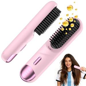 lot 8671 image: Go Brush Pro for Short Hair Hair Straightener Brush Cordless & Portable with 300M Negative Ions, 4 Temps Fast Heating, Game Day Ready Styling Tool for Watch Parties, Travel & Daily Use Pink