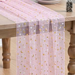 lot 8683 image: Artoid Mode Pink Gauze Stars Moon Table Runner 10FT, Glitter Metallic Foil Sheer Dining Wedding Anniversary Holiday Birthday Table Decor for Home Party