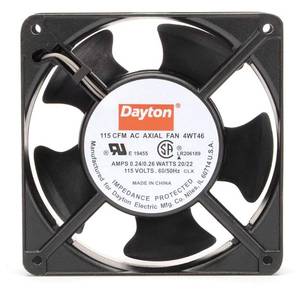 lot 8698 image: DAYTON 4WT46 115 VAC, Standard Square AXIAL Fan, 0.24 AMP, 4-1116 Width, Replaces 4C550, 1-12 Depth, 3100 RPM, TERMINALS, 20 WATT, 4-1116 Height