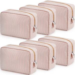 lot 8707 image: Sanwuta 6 Seersucker Cosmetic Bag Bulk Striped Makeup Bag for Women Aesthetic Cute Travel Toiletry Organizer Preppy Storage Pouch for Wedding Bridesmaid Mothers Day Teacher Gift (Large,Khaki)