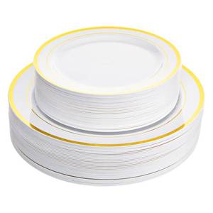 lot 8725 image: Ayas Cutlery Kingdom 100 White and Gold Plastic Plates for Thanksgiving Dinner - Fancy Plate for Party - 50 (10) Dinner and 50 (7.5) Salad Plates - Heavy Duty, Elegant Disposable Tableware Set