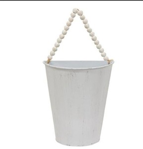 lot 940 image: Distressed White Metal Half Wall Bucket wBead Hanger - 7 high by 6 wide