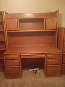 lot 900 image: Wooden Desk with 7 Drawers and Bookshelf and Storage Area.   Matches lots 901, 902 and 903.  71.5 x 60 x 24
