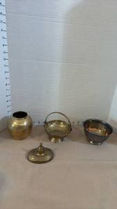 lot 1007 image: Brass vase, small basket with handle, lid and silver plate bowl