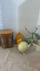 lot 1010 image: Whimsical signed moose decor and basket with wooden moose lid