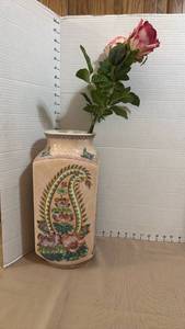 lot 1029 image: Porcelain Square Vase with Paisley Lotus Floral Design and artificial flowers